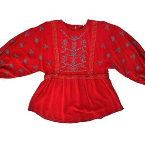 Entro Embroidered Blouse Womens Large Red Teal Rayon Puff Sleeve Ruffle Boho Top